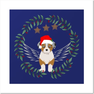 Australian Shepherd Puppy with Wings and Christmas Santa Hat Posters and Art